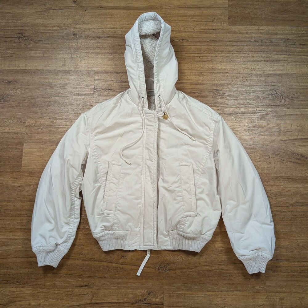 Vince Soft Bomber Tech Jacket Womens XS White Sherpa Lined Full Zip Hooded